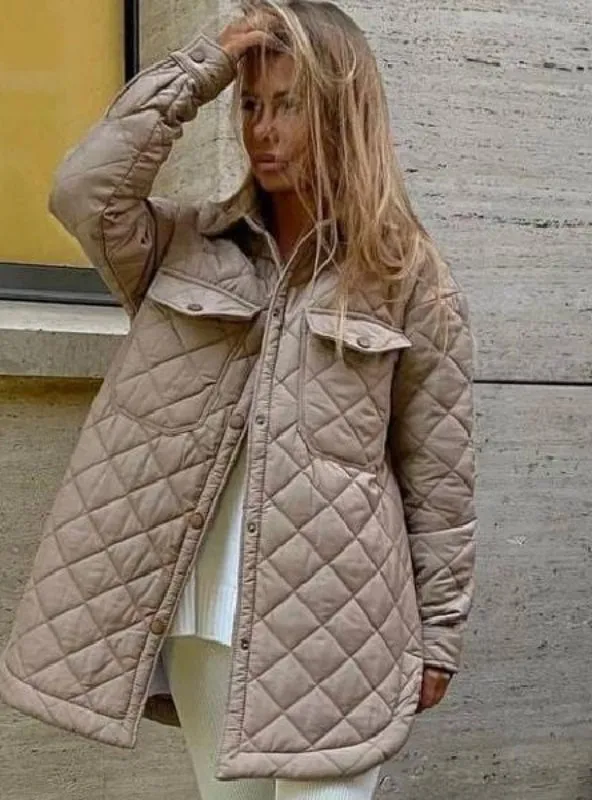 Buckle Lapel Loose Rhombus Cotton-padded Jacket