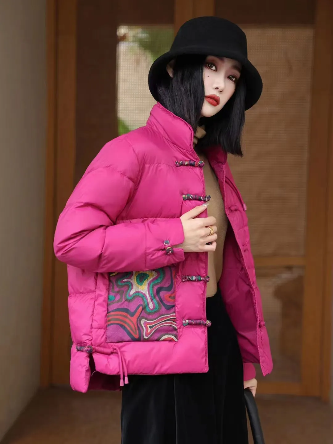 Chinese Style Women's Down Coat with Strap Buttons & Floral Pattern Pockets