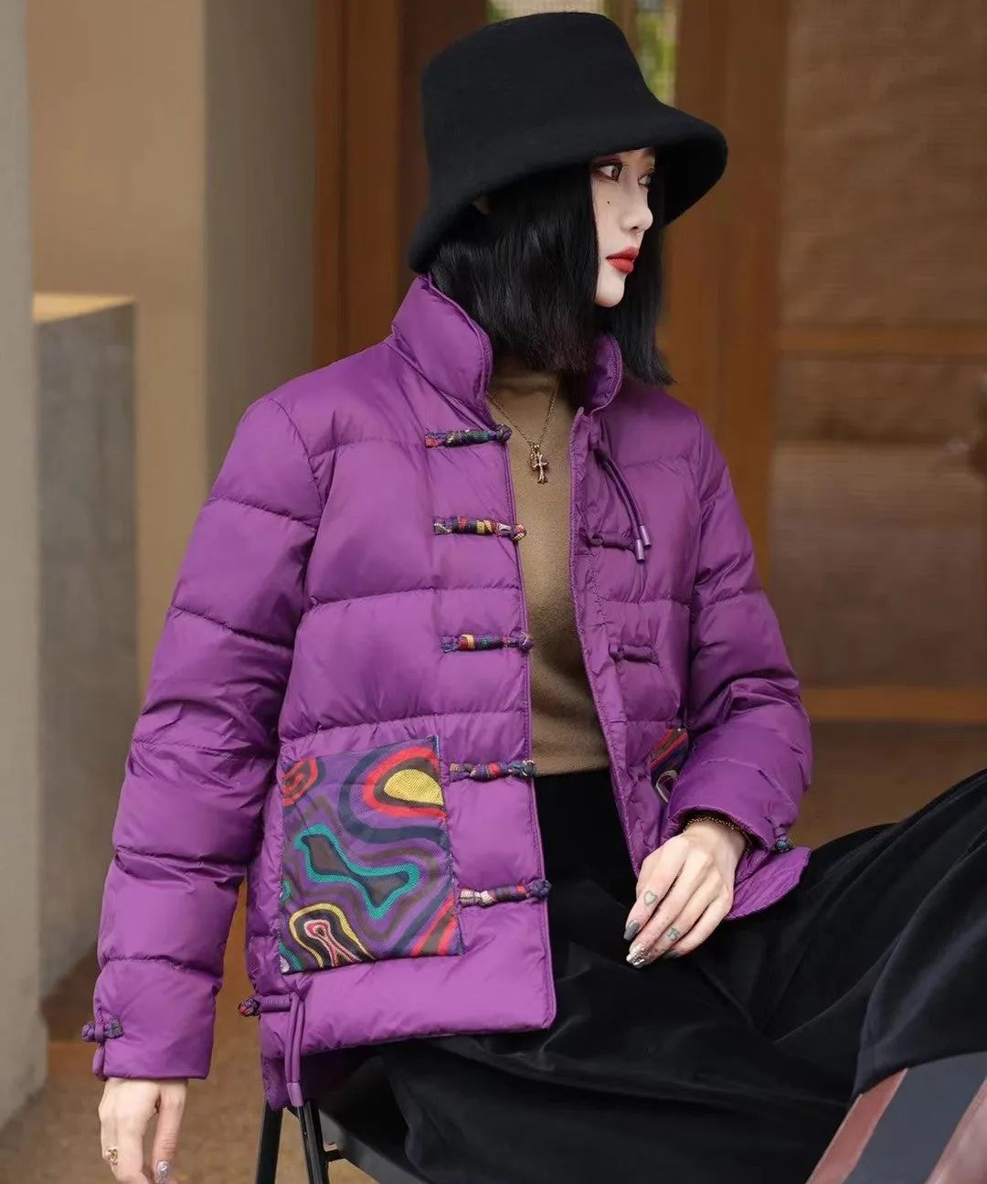 Chinese Style Women's Down Coat with Strap Buttons & Floral Pattern Pockets