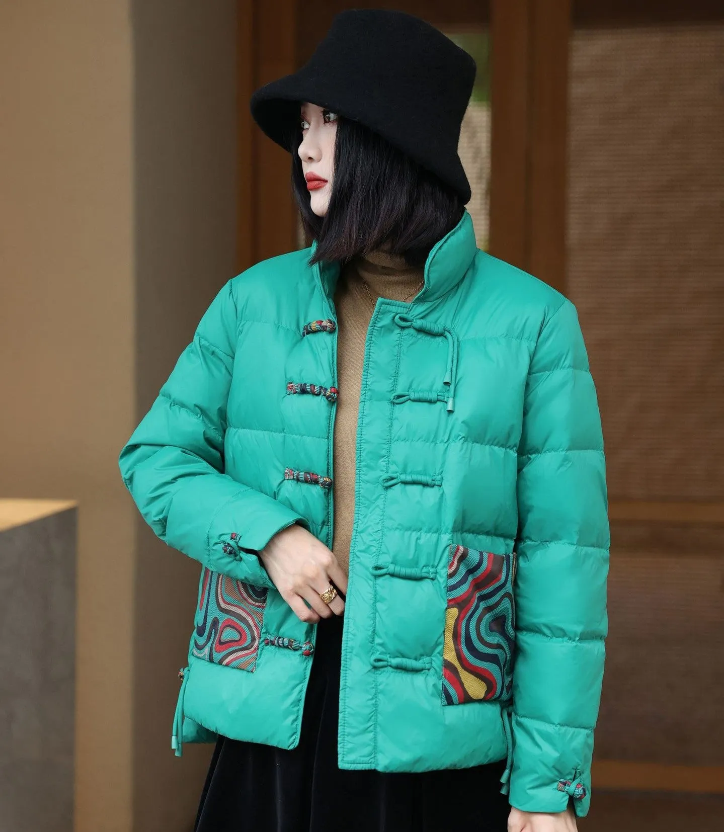 Chinese Style Women's Down Coat with Strap Buttons & Floral Pattern Pockets