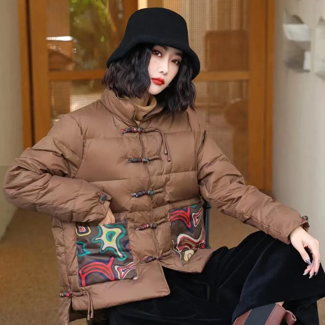 Chinese Style Women's Down Coat with Strap Buttons & Floral Pattern Pockets