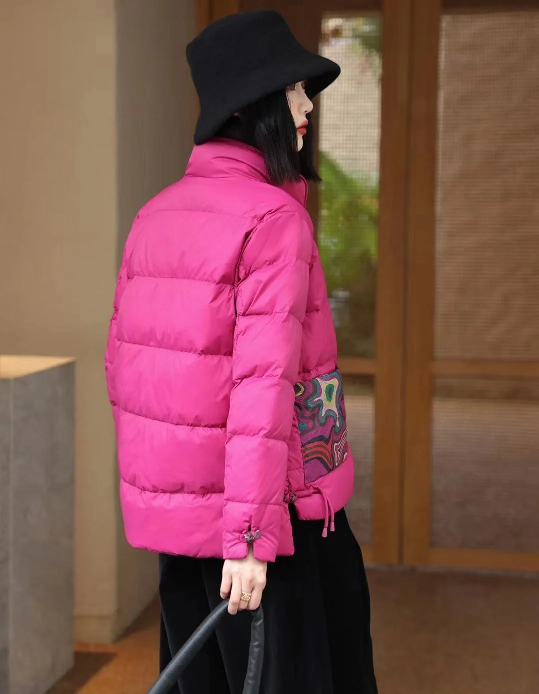 Chinese Style Women's Down Coat with Strap Buttons & Floral Pattern Pockets