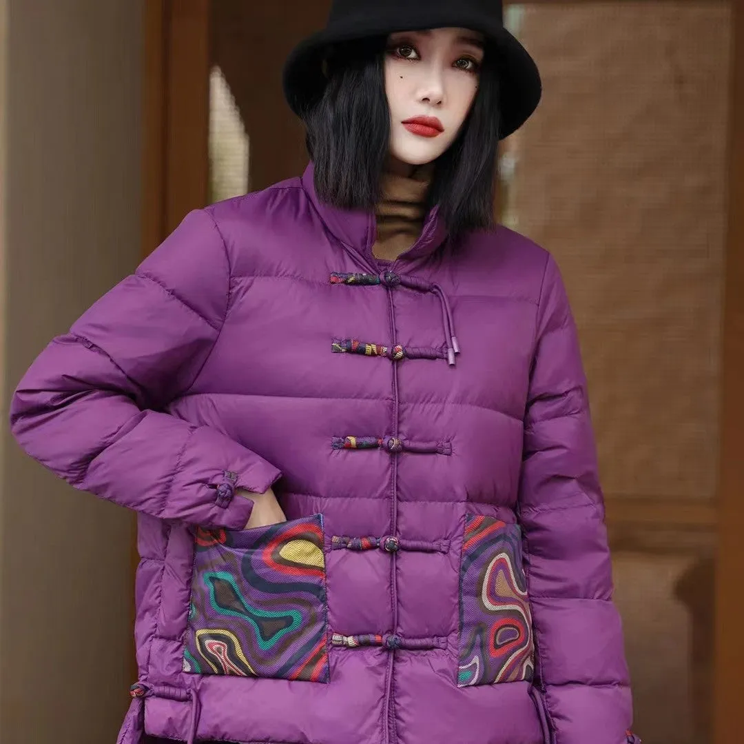 Chinese Style Women's Down Coat with Strap Buttons & Floral Pattern Pockets