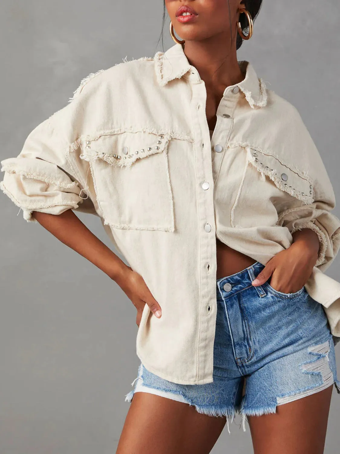 Gladys Button Down Raw Hem Denim Jacket