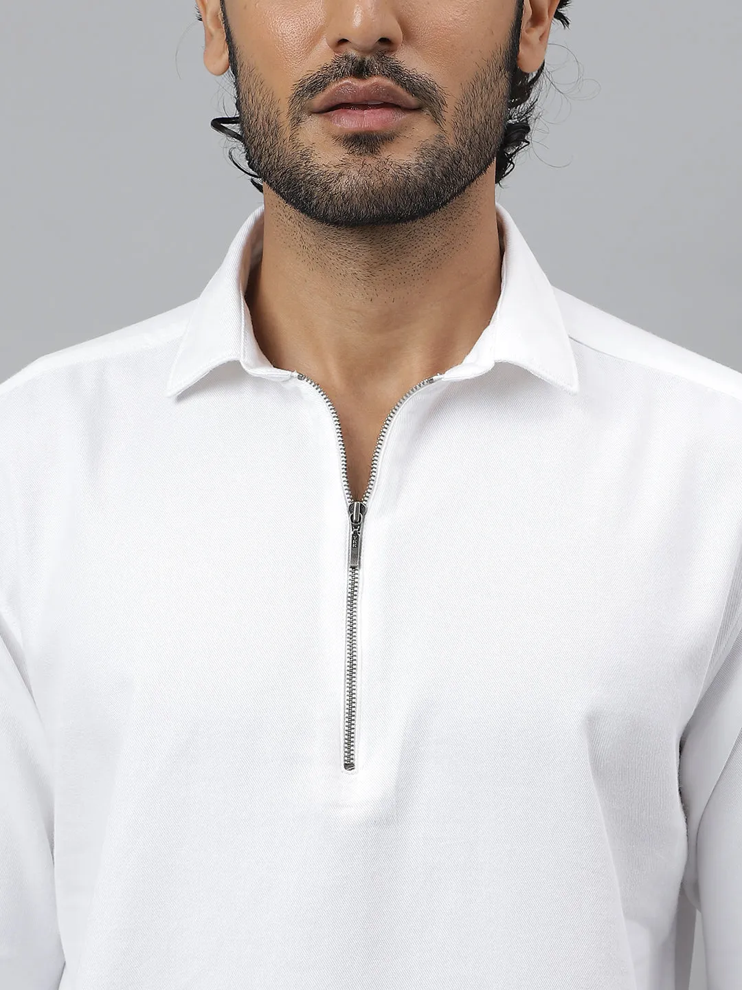 Zipper Collar Cotton Twill White Shirt - Zip Log
